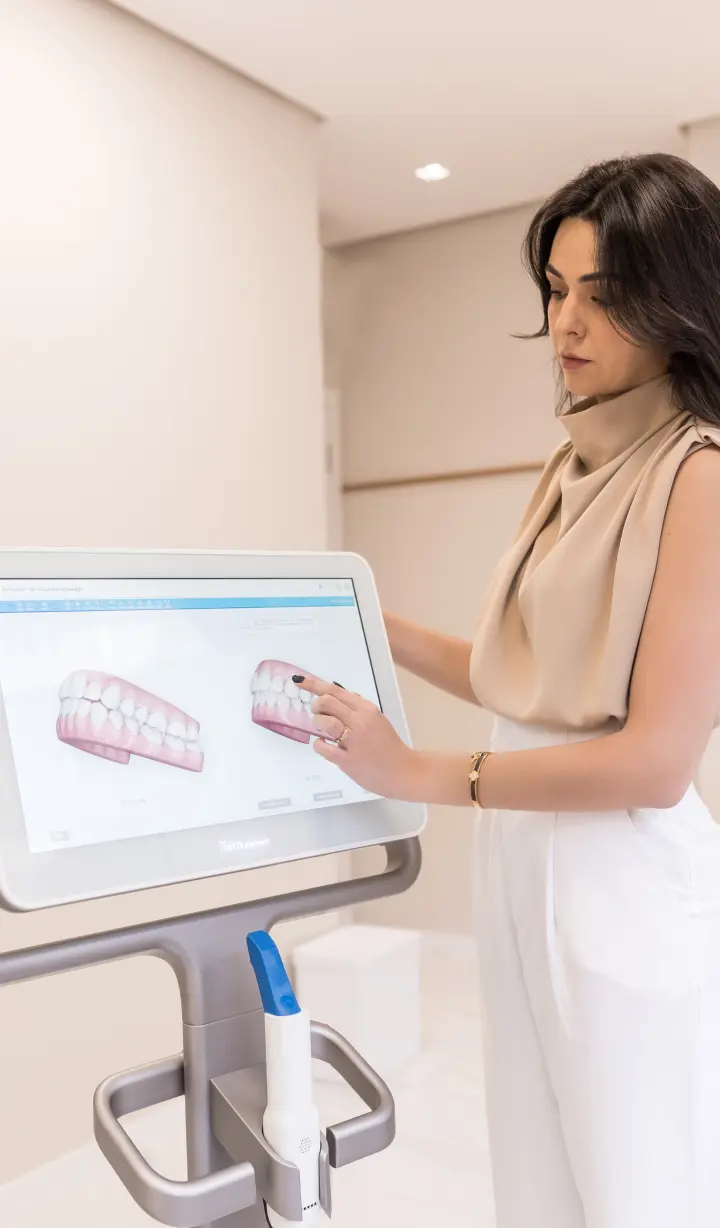 Dra. Bruna Rabaioli com um alinhador Invisalign, destacando o produto.